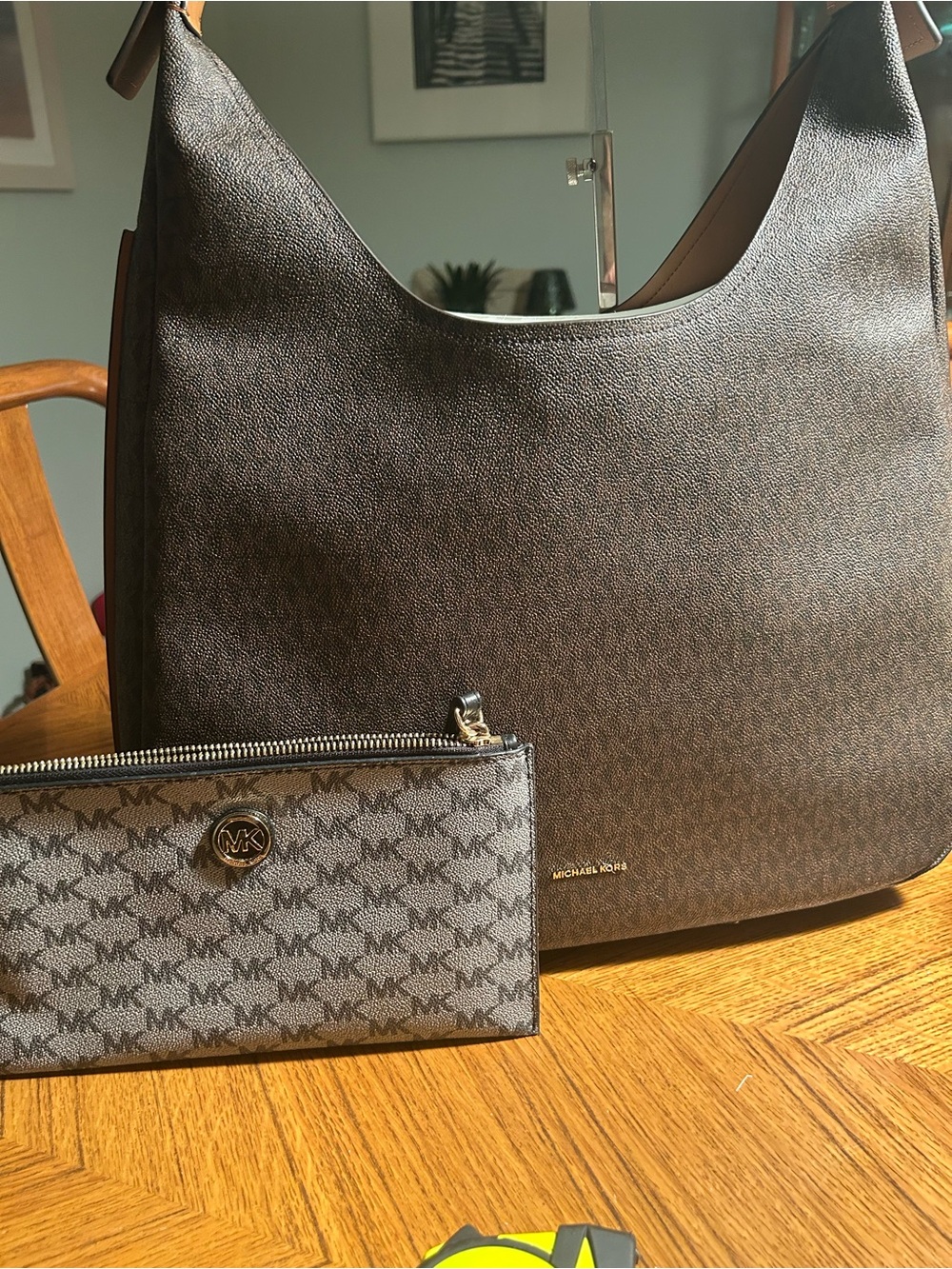 Michael Kors Brown and Tan MK Signature Hobo Shoulder Bag with Wristlet